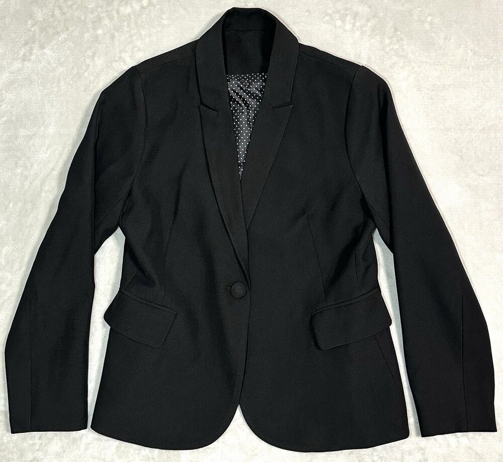 Women's L Black Blazer One Button Polka Dot Lining Suit Jacket Business Casual
